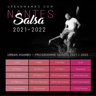Le programme définitif pour la saison salsa 2021/2022 est là ! ► Les inscriptions pour les cours au Pasillo le lundi, mardi et mercredi se font en ligne via le site viviarto, ici : https://viviarto.com/organisateurs-ateliers-cours-artistiques/urban-mambo/?fbclid=IwAR3oV9P2Anvl2B2uGq5-BkXTmerv-toLo8nxq2KyqoKDHaQSptGb_uetdcQ ► Les inscriptions pour les cours au Bowlcenter le jeudi se feront par le biais de l'association Calle de le Salsa, ici : http://www.calledelasalsa.fr/les-cours/les-cours-cubaine/ Les cours commenceront la semaine du 20 septembre. A bientôt ! Damien Urban Mambo